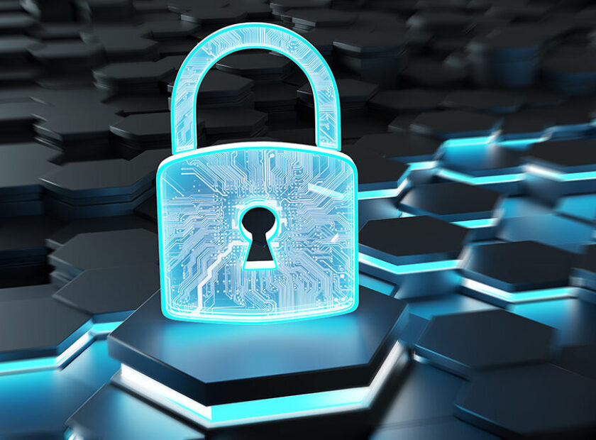 Black and blue padlock icon on hexagons background 3D rendering